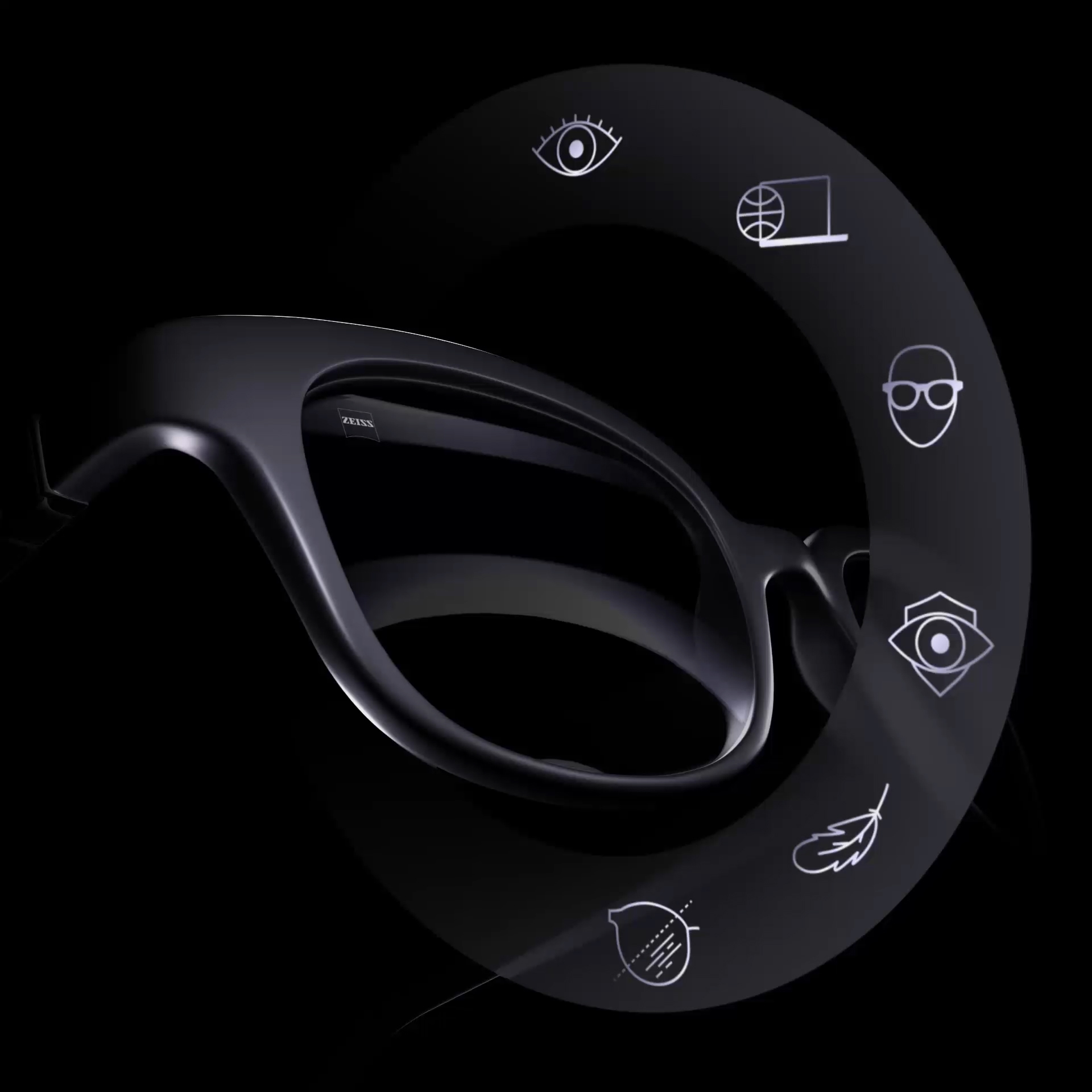 Hình ảnh động về các tròng kính ZEISS trong gọng kính màu đen với các biểu tượng thể hiện những yếu tố tạo nên một tròng kính tốt.  