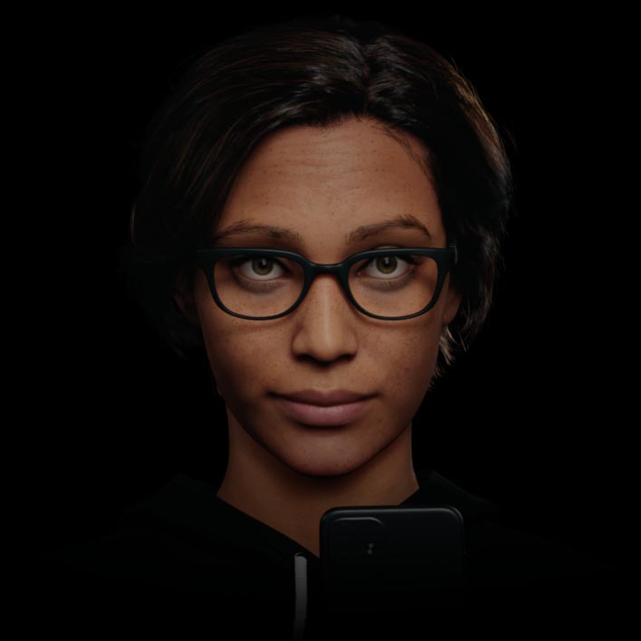 Hình minh họa động về một người phụ nữ đang di chuyển mắt và đầu, nhìn qua các phần khác nhau của kính SmartLife để quan sát điện thoại thông minh và các khoảng cách khác nhau trong mô hình không gian vật thể 3D, tiếp theo là hàng trăm điểm sáng dữ liệu tạo thành số 12,5