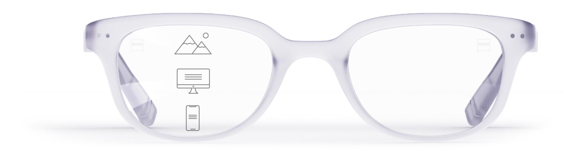 Tròng kính ZEISS Progressive SmartLife lắp trong gọng kính trong suốt thời trang với các biểu tượng cho biết các vùng nhìn khác nhau - gần, trung gian và xa